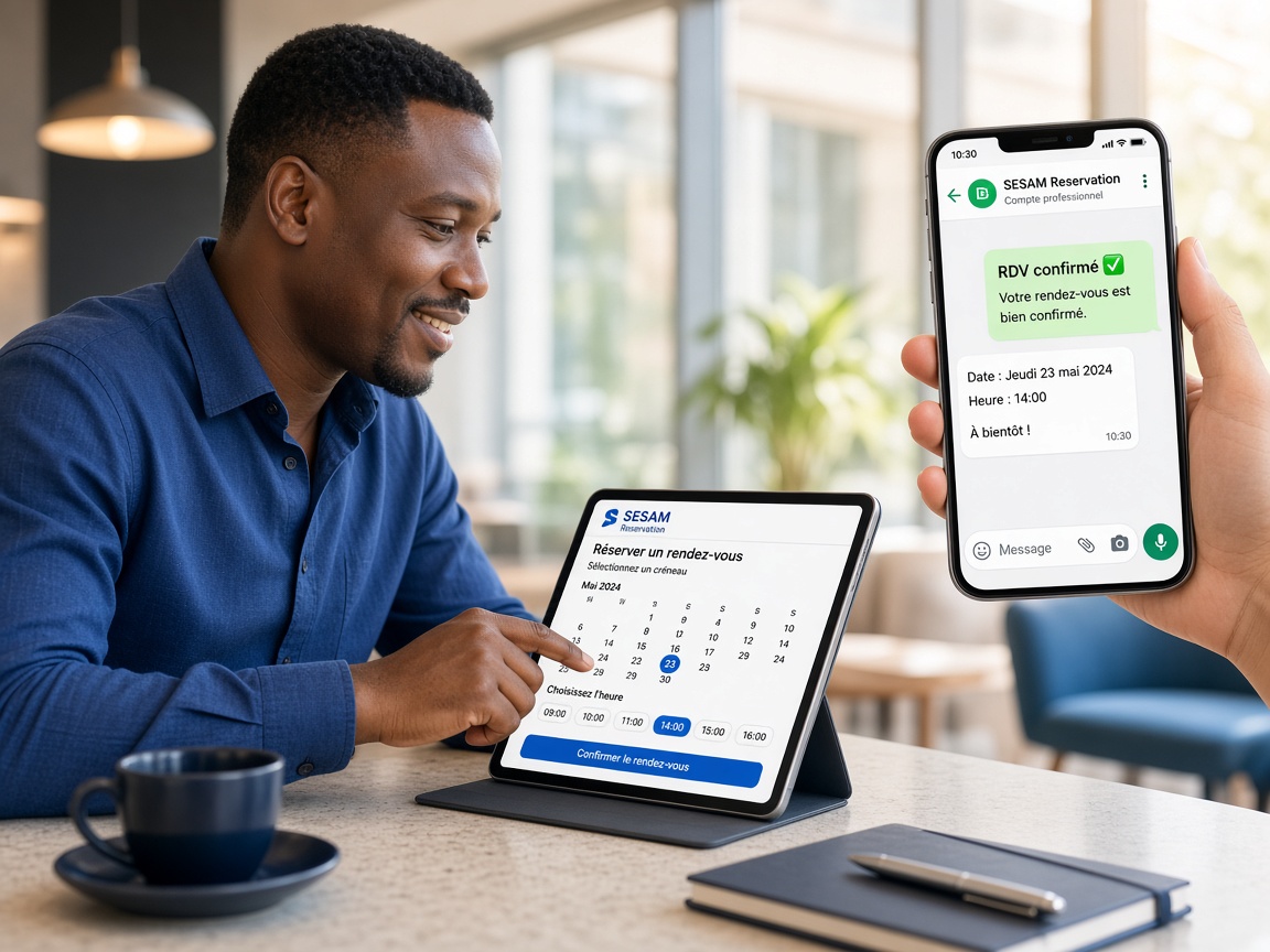 Personne qui réserve un créneau sur tablette, avec notification RDV confirmé sur téléphone